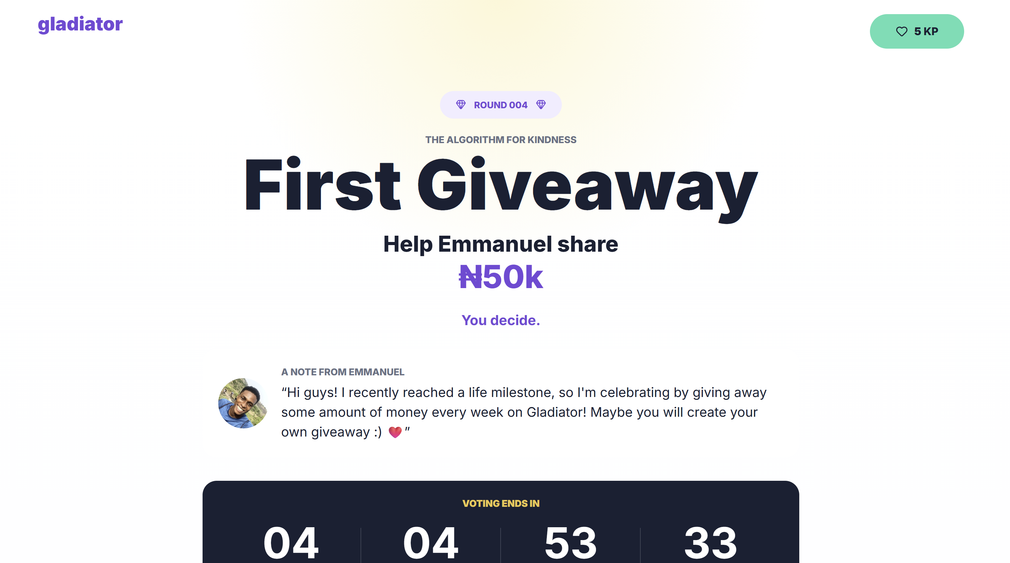 The Gladiator home page for the First Giveaway, a ₦50k pool with a voting countdown