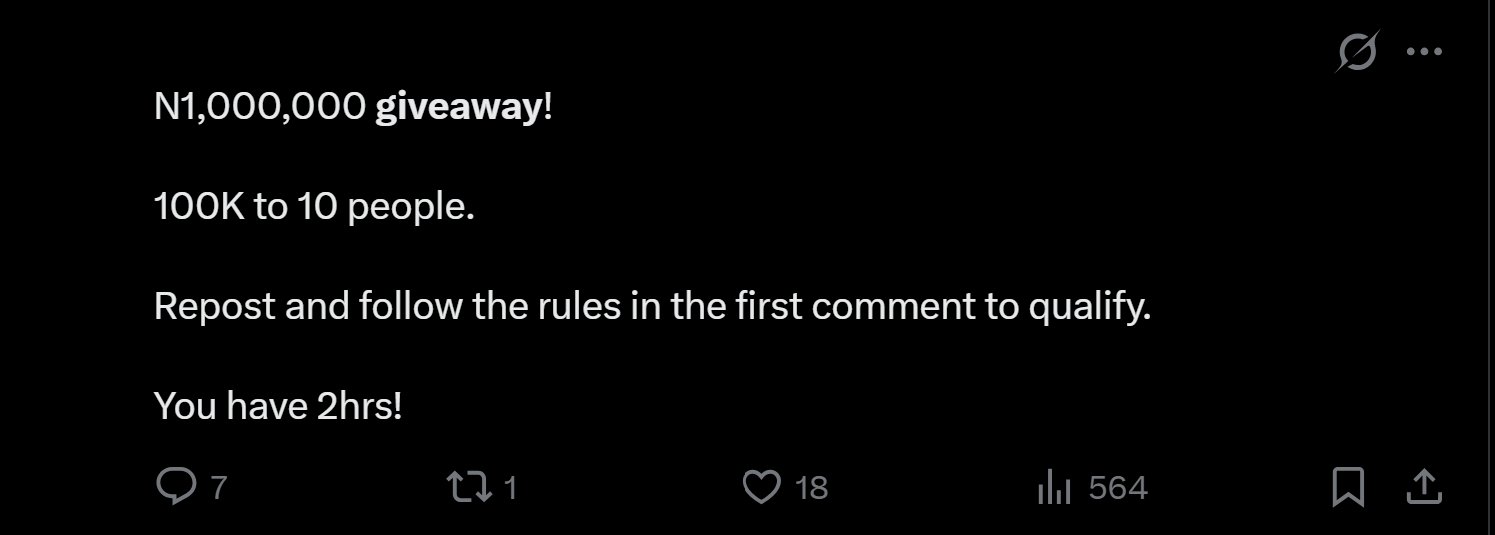 A tweet announcing a ₦1,000,000 giveaway, with 100K to 10 people, "repost and follow the rules", and two hours to enter